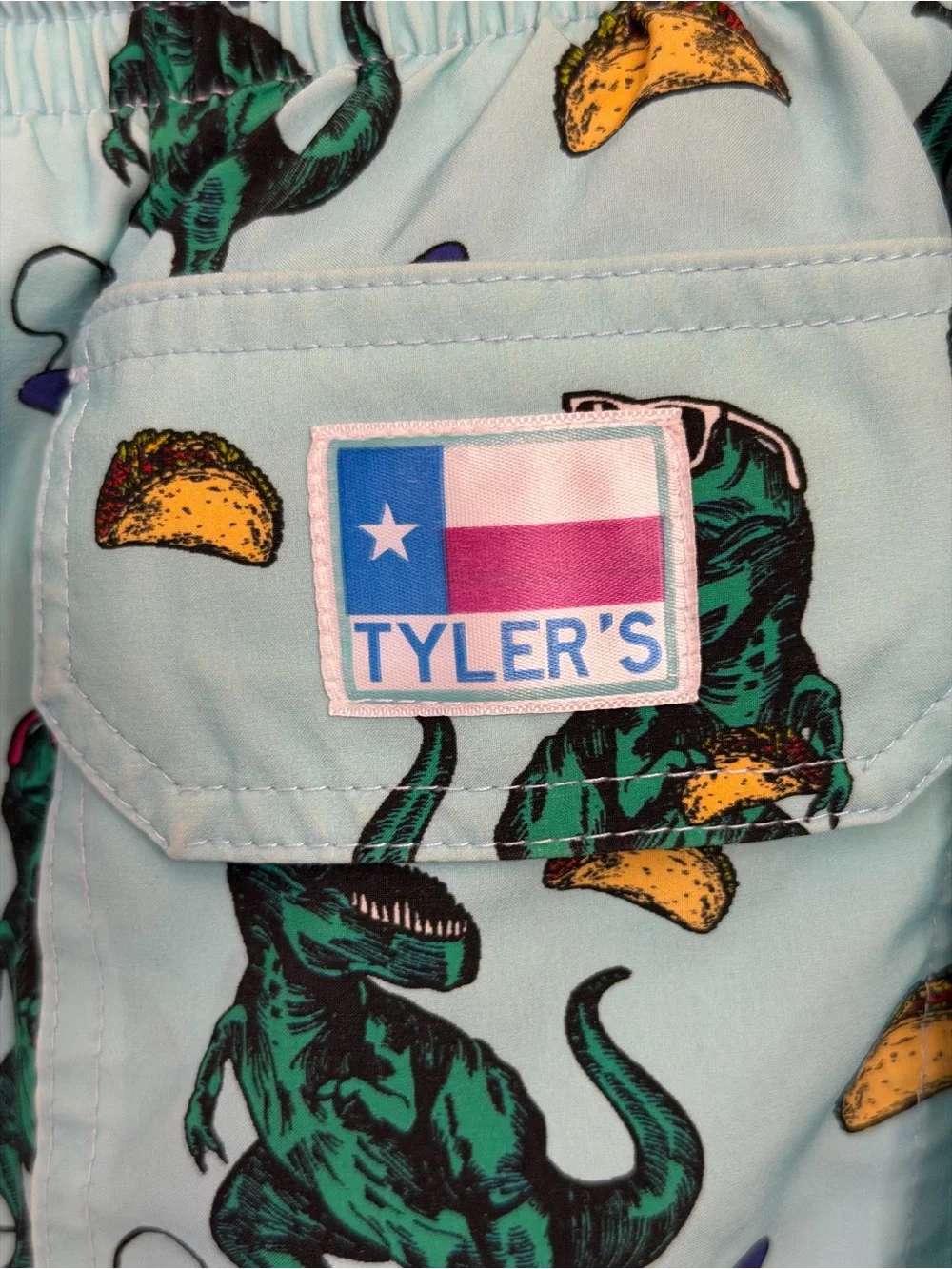 Tyrrell Katz Light Blue Dino & Taco Swim Trunks